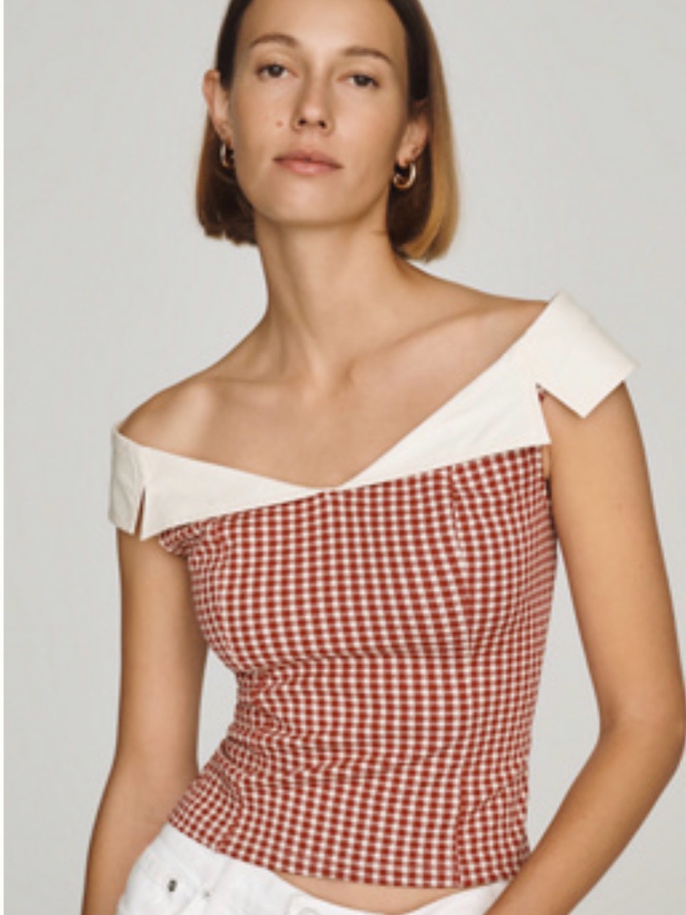 Maeve Red Gingham Off-Shoulder Camisole with White Collar